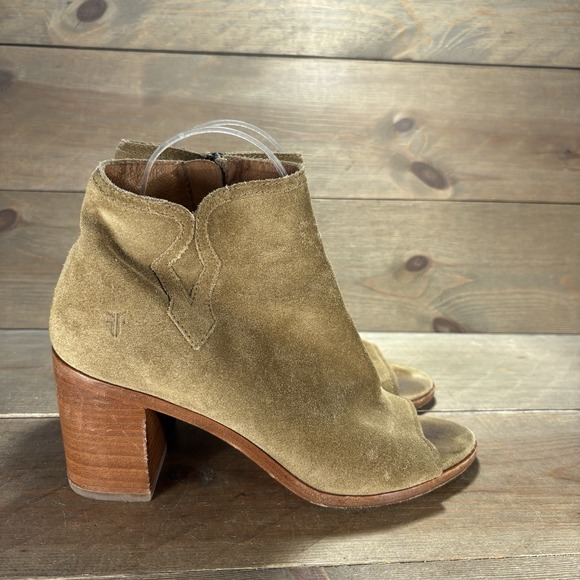 frye dancia womens size 8 shoes brown suede peep toe heel ankle booties boots - Picture 2 of 10